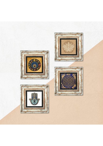 Lotus Çiçeği, Yaşam Çiçeği, Nazar, Fatma Ana Eli (Hamsa) Taş Duvar Tablosu Çerçeveli Duvar Dekoru 4 Parça Tablo Seti Wall Art T4-802 indirimleri