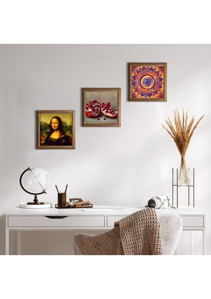 Mandala, Leonardo da Vinci Mona Lisa, Nar Taş Duvar Tablosu Ahşap Çerçeveli Duvar Dekoru 3 Parça Tablo Seti Wall Art W3-1436