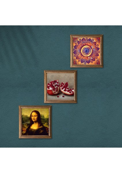 Mandala, Leonardo da Vinci Mona Lisa, Nar Taş Duvar Tablosu Ahşap Çerçeveli Duvar Dekoru 3 Parça Tablo Seti Wall Art W3-1436 modelleri