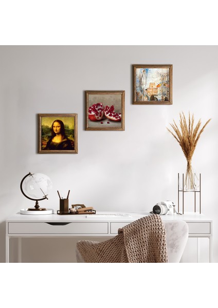 Stone Salvador Dalí, Leonardo da Vinci, Nar Ahşap Çerçeveli Taş Duvar Tablosu 3’lü Set – 25x25 cm Dekoratif Modern Sanat – Ev ve Ofis Dekoru |W3-1457|