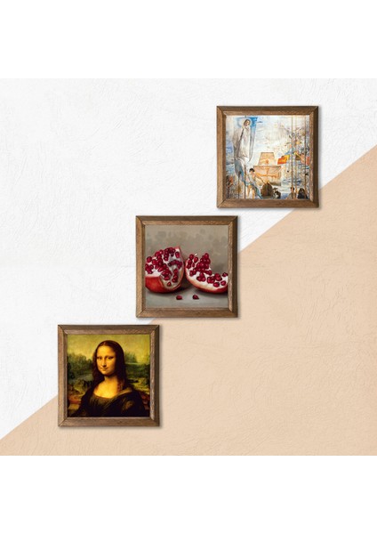 Stone Salvador Dalí, Leonardo da Vinci, Nar Ahşap Çerçeveli Taş Duvar Tablosu 3’lü Set – 25x25 cm Dekoratif Modern Sanat – Ev ve Ofis Dekoru |W3-1457| indirimleri
