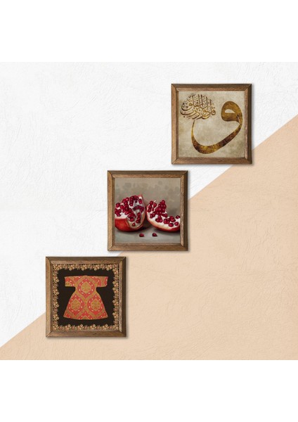 Hırka-i Şerif, Vav, Nar Taş Duvar Tablosu Ahşap Çerçeveli Duvar Dekoru 3 Parça Tablo Seti Wall Art W3-1640
