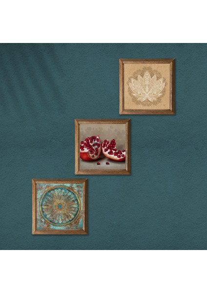 Yaşam Çiçeği, Lotus Çiçeği, Nar Ahşap Çerçeveli Taş Duvar Tablosu 3’lü Set – 25x25 cm Dekoratif Modern Sanat – Ev ve Ofis Dekoru |W3-1641| modelleri