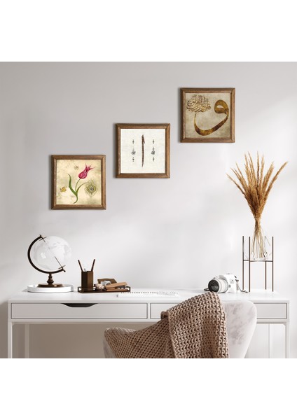 Lale Ebru Sanatı, Vav, Elif Taş Duvar Tablosu Ahşap Çerçeveli Duvar Dekoru 3 Parça Tablo Seti Wall Art W3-641