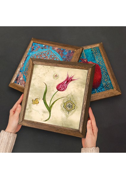 Lale Ebru Sanatı, Vav, Elif Taş Duvar Tablosu Ahşap Çerçeveli Duvar Dekoru 3 Parça Tablo Seti Wall Art W3-641