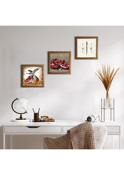 Elif, Semazen, Nar Taş Duvar Tablosu Ahşap Çerçeveli Duvar Dekoru 3 Parça Tablo Seti Wall Art W3-865