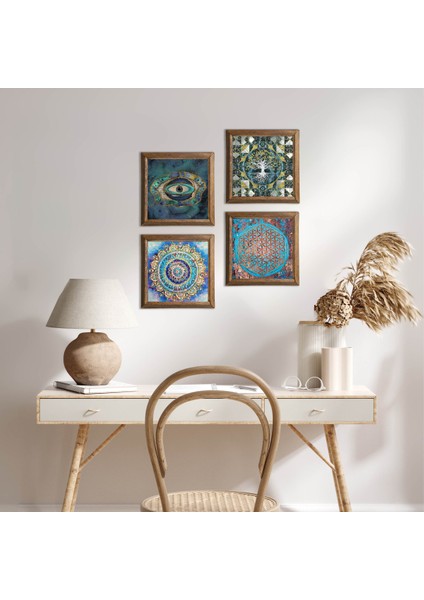 Hayat Ağacı, Mandala, Nazar, Yaşam Çiçeği Taş Duvar Tablosu Ahşap Çerçeveli Duvar Dekoru 4 Parça Tablo Seti Wall Art W4-716