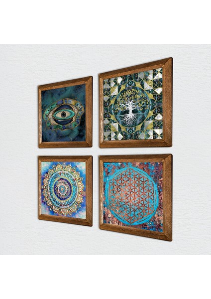 Hayat Ağacı, Mandala, Nazar, Yaşam Çiçeği Taş Duvar Tablosu Ahşap Çerçeveli Duvar Dekoru 4 Parça Tablo Seti Wall Art W4-716 fiyatları