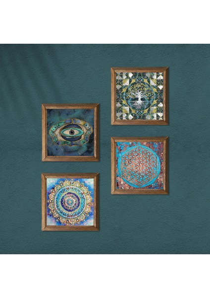 Hayat Ağacı, Mandala, Nazar, Yaşam Çiçeği Taş Duvar Tablosu Ahşap Çerçeveli Duvar Dekoru 4 Parça Tablo Seti Wall Art W4-716 modelleri