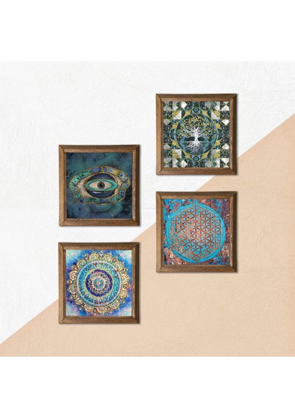Hayat Ağacı, Mandala, Nazar, Yaşam Çiçeği Taş Duvar Tablosu Ahşap Çerçeveli Duvar Dekoru 4 Parça Tablo Seti Wall Art W4-716 indirimleri