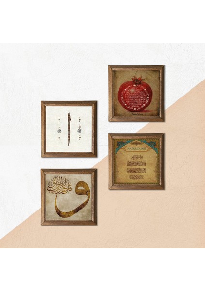 Vav, Elif, Nazar Duası, Bereket Duası Taş Duvar Tablosu Ahşap Çerçeveli Duvar Dekoru 4 Parça Tablo Seti Wall Art W4-720