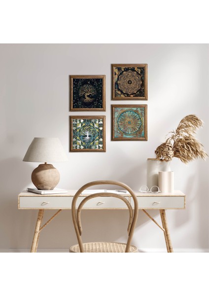 Sri Yantra, Yaşam Çiçeği, Hayat Ağacı Taş Duvar Tablosu Ahşap Çerçeveli Duvar Dekoru 4 Parça Tablo Seti Wall Art W4-727