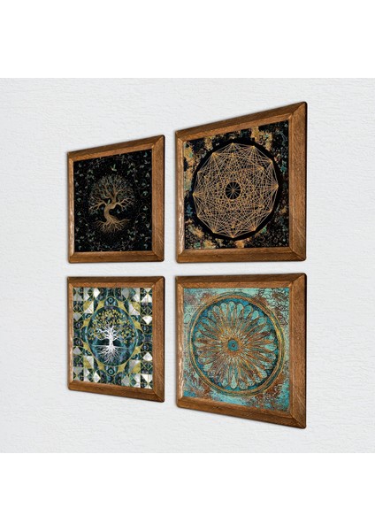 Sri Yantra, Yaşam Çiçeği, Hayat Ağacı Taş Duvar Tablosu Ahşap Çerçeveli Duvar Dekoru 4 Parça Tablo Seti Wall Art W4-727 fiyatları