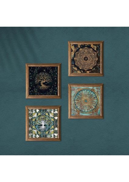 Sri Yantra, Yaşam Çiçeği, Hayat Ağacı Taş Duvar Tablosu Ahşap Çerçeveli Duvar Dekoru 4 Parça Tablo Seti Wall Art W4-727 modelleri