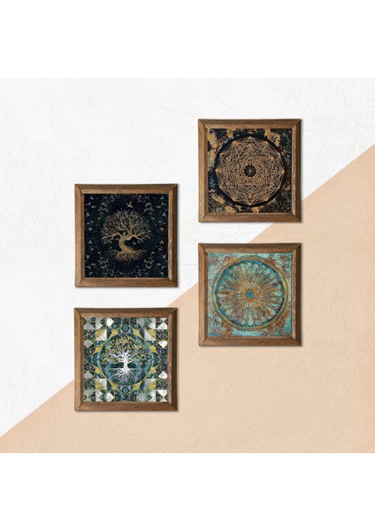 Sri Yantra, Yaşam Çiçeği, Hayat Ağacı Taş Duvar Tablosu Ahşap Çerçeveli Duvar Dekoru 4 Parça Tablo Seti Wall Art W4-727 indirimleri