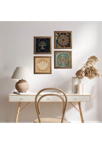 Sri Yantra, Yaşam Çiçeği, Lotus Çiçeği, Hayat Ağacı Ahşap Çerçeveli Taş Duvar Tablosu 4’lü Set – 25x25 cm Dekoratif Modern Sanat – Ev ve Ofis Dekoru |W4-732|