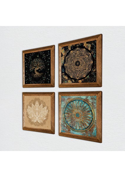 Sri Yantra, Yaşam Çiçeği, Lotus Çiçeği, Hayat Ağacı Ahşap Çerçeveli Taş Duvar Tablosu 4’lü Set – 25x25 cm Dekoratif Modern Sanat – Ev ve Ofis Dekoru |W4-732| fiyatları