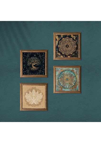 Sri Yantra, Yaşam Çiçeği, Lotus Çiçeği, Hayat Ağacı Ahşap Çerçeveli Taş Duvar Tablosu 4’lü Set – 25x25 cm Dekoratif Modern Sanat – Ev ve Ofis Dekoru |W4-732| modelleri
