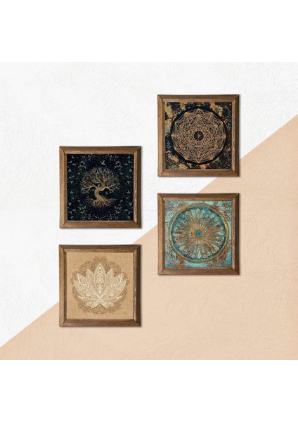Sri Yantra, Yaşam Çiçeği, Lotus Çiçeği, Hayat Ağacı Ahşap Çerçeveli Taş Duvar Tablosu 4’lü Set – 25x25 cm Dekoratif Modern Sanat – Ev ve Ofis Dekoru |W4-732| indirimleri
