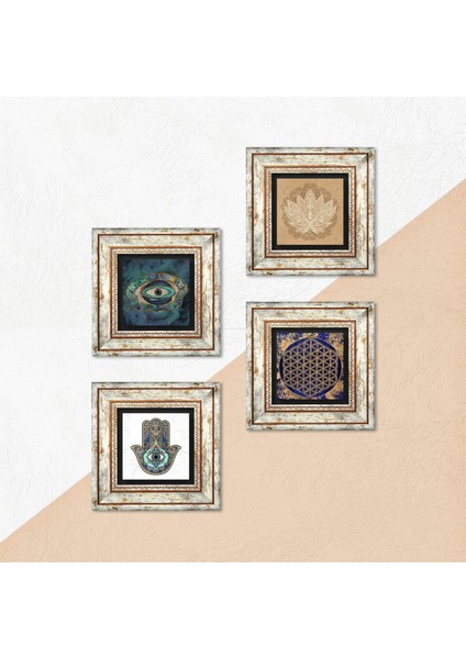 Stone Nazar, Lotus Çiçeği, Yaşam Çiçeği, Fatma Ana Eli (Hamsa) Çerçeveli Taş Duvar Tablosu 4’lü Set - Dekoratif Modern Sanat, Ev ve Ofis Dekoru |TK4-799| indirimleri