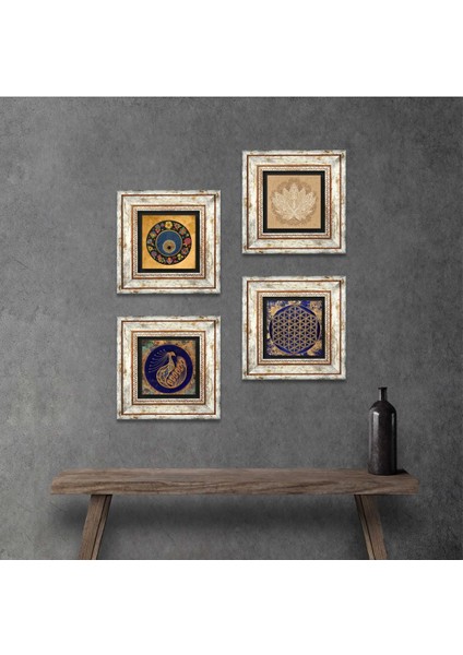 Tavus Kuşu, Lotus Çiçeği, Yaşam Çiçeği, Nazar Çerçeveli Taş Duvar Tablosu 4’lü Set - Dekoratif Modern Sanat, Ev ve Ofis Dekoru |TK4-808|