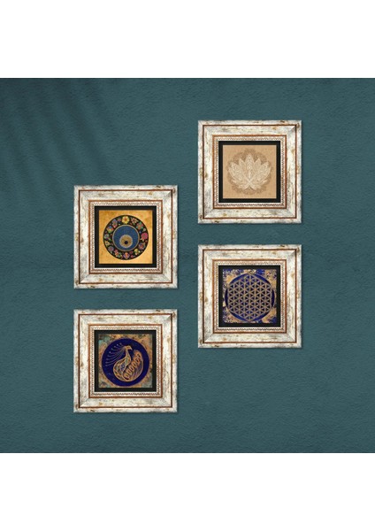 Tavus Kuşu, Lotus Çiçeği, Yaşam Çiçeği, Nazar Çerçeveli Taş Duvar Tablosu 4’lü Set - Dekoratif Modern Sanat, Ev ve Ofis Dekoru |TK4-808| fırsatları