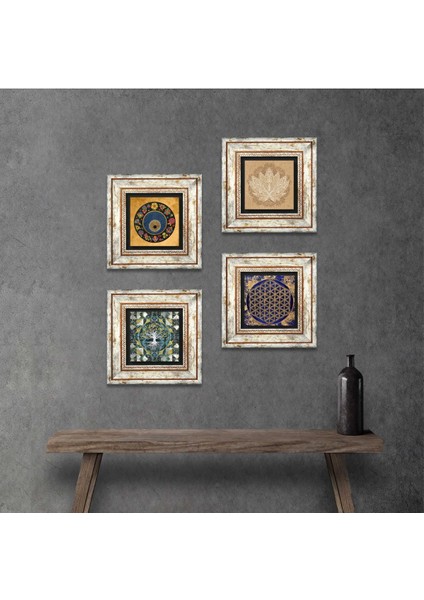 Hayat Ağacı, Lotus Çiçeği, Yaşam Çiçeği, Nazar Taş Duvar Tablosu Çerçeveli Duvar Dekoru 4 Parça Tablo Seti Wall Art T4-813