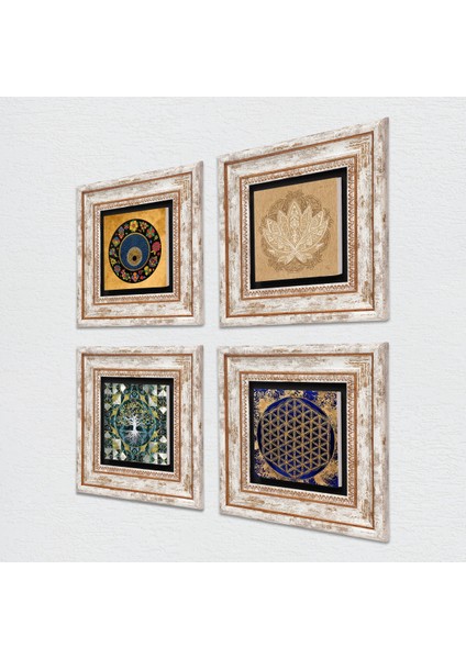 Hayat Ağacı, Lotus Çiçeği, Yaşam Çiçeği, Nazar Taş Duvar Tablosu Çerçeveli Duvar Dekoru 4 Parça Tablo Seti Wall Art T4-813 fiyatları