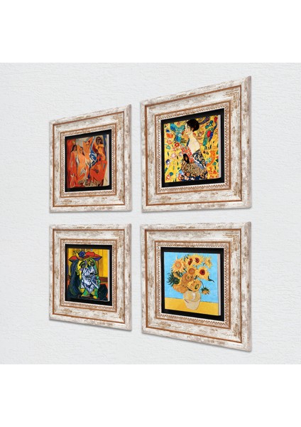 Picasso, Van Gogh, Gustav Klimt Taş Duvar Tablosu Çerçeveli Duvar Dekoru 4 Parça Tablo Seti Wall Art T4-952