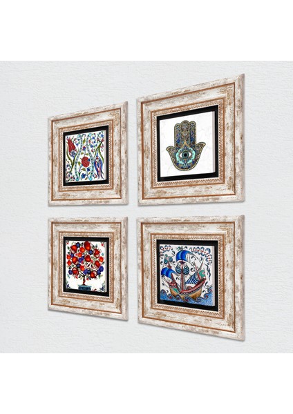 Stone Çini Sanatı Yelkenli Gemi, Lale, Nar Ağacı, Fatma Ana Eli (Hamsa) Çerçeveli Taş Duvar Tablosu 4’lü Set - Dekoratif Modern Sanat, Ev ve Ofis Dekoru |TK4-960| fiyatları