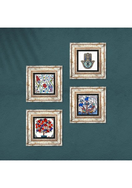 Stone Çini Sanatı Yelkenli Gemi, Lale, Nar Ağacı, Fatma Ana Eli (Hamsa) Çerçeveli Taş Duvar Tablosu 4’lü Set - Dekoratif Modern Sanat, Ev ve Ofis Dekoru |TK4-960| fırsatları