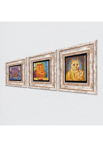 Stone Louis Wain Kediler Çerçeveli Taş Duvar Tablosu 3’lü Set - Dekoratif Modern Sanat, Ev ve Ofis Dekoru |TK3-631| fiyatları