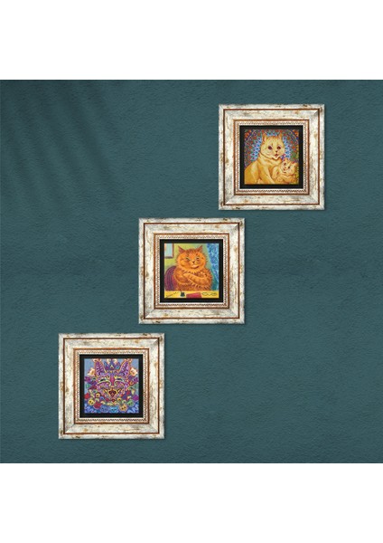 Stone Louis Wain Kediler Çerçeveli Taş Duvar Tablosu 3’lü Set - Dekoratif Modern Sanat, Ev ve Ofis Dekoru |TK3-631| fırsatları
