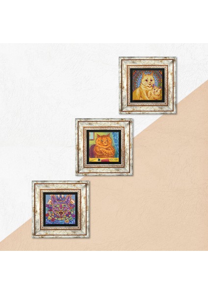 Stone Louis Wain Kediler Çerçeveli Taş Duvar Tablosu 3’lü Set - Dekoratif Modern Sanat, Ev ve Ofis Dekoru |TK3-631| indirimleri