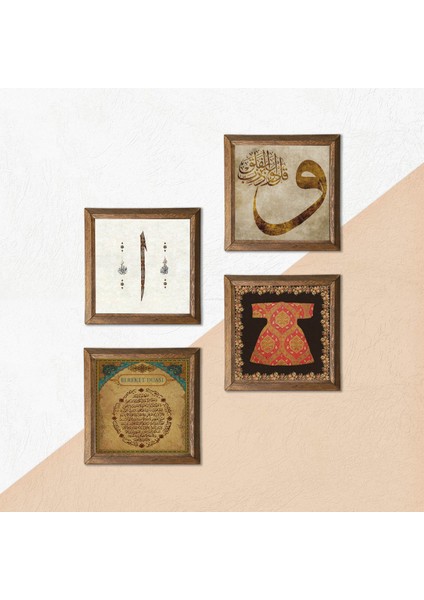 Hırka-i Şerif, Vav, Elif, Bereket Duası Ahşap Çerçeveli Taş Duvar Tablosu 4’lü Set – 25x25 cm Dekoratif Modern Sanat – Ev ve Ofis Dekoru |W4-924| indirimleri
