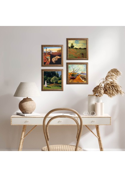 Salvador Dalí, Van Gogh, Claude Monet Taş Duvar Tablosu Ahşap Çerçeveli Duvar Dekoru 4 Parça Tablo Seti Wall Art W4-939