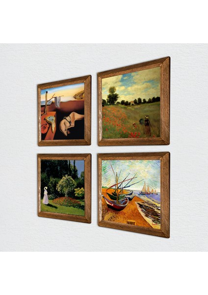 Salvador Dalí, Van Gogh, Claude Monet Taş Duvar Tablosu Ahşap Çerçeveli Duvar Dekoru 4 Parça Tablo Seti Wall Art W4-939