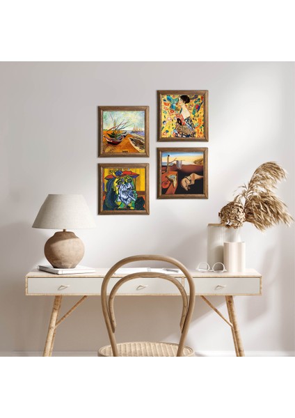 Salvador Dalí, Picasso, Van Gogh, Gustav Klimt Taş Duvar Tablosu Ahşap Çerçeveli Duvar Dekoru 4 Parça Tablo Seti Wall Art W4-953
