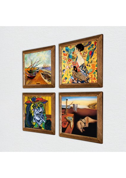Salvador Dalí, Picasso, Van Gogh, Gustav Klimt Taş Duvar Tablosu Ahşap Çerçeveli Duvar Dekoru 4 Parça Tablo Seti Wall Art W4-953 fiyatları