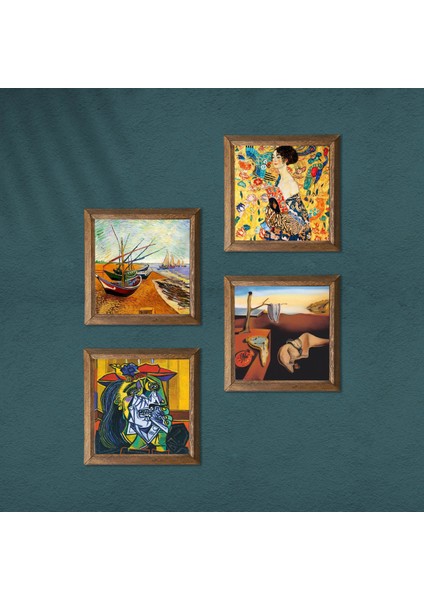 Salvador Dalí, Picasso, Van Gogh, Gustav Klimt Taş Duvar Tablosu Ahşap Çerçeveli Duvar Dekoru 4 Parça Tablo Seti Wall Art W4-953 modelleri