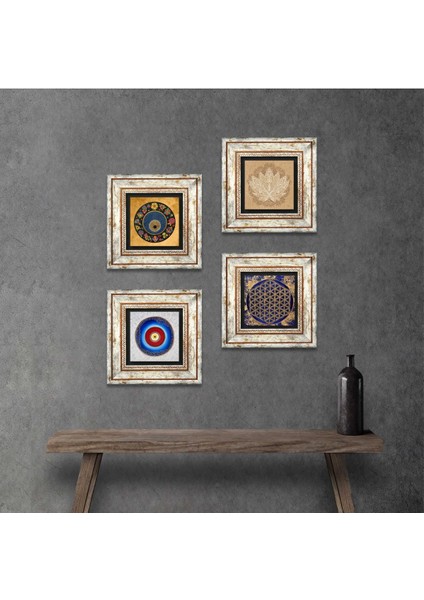 Lotus Çiçeği, Yaşam Çiçeği, Nazar Taş Duvar Tablosu Çerçeveli Duvar Dekoru 4 Parça Tablo Seti Wall Art T4-814