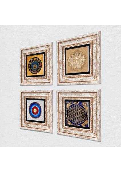 Lotus Çiçeği, Yaşam Çiçeği, Nazar Taş Duvar Tablosu Çerçeveli Duvar Dekoru 4 Parça Tablo Seti Wall Art T4-814