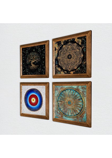 Nazar, Sri Yantra, Yaşam Çiçeği, Hayat Ağacı Taş Duvar Tablosu Ahşap Çerçeveli Duvar Dekoru 4 Parça Tablo Seti Wall Art W4-730 fiyatları
