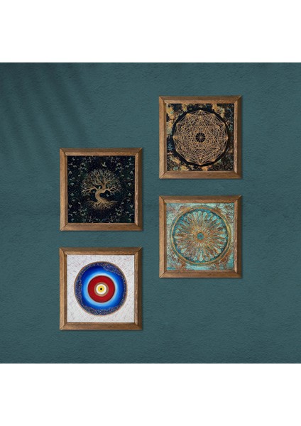 Nazar, Sri Yantra, Yaşam Çiçeği, Hayat Ağacı Taş Duvar Tablosu Ahşap Çerçeveli Duvar Dekoru 4 Parça Tablo Seti Wall Art W4-730 modelleri