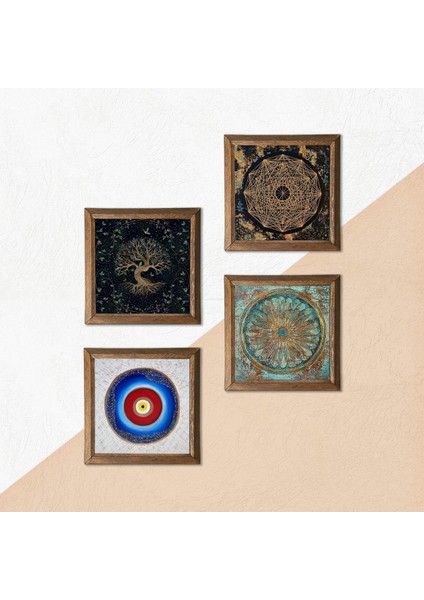 Nazar, Sri Yantra, Yaşam Çiçeği, Hayat Ağacı Taş Duvar Tablosu Ahşap Çerçeveli Duvar Dekoru 4 Parça Tablo Seti Wall Art W4-730 indirimleri
