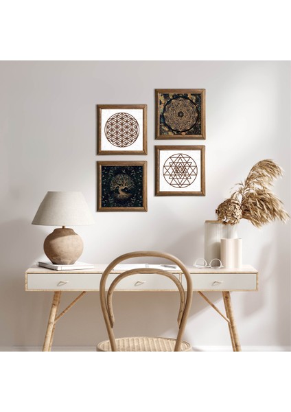 Yaşam Çiçeği, Sri Yantra, Hayat Ağacı Taş Duvar Tablosu Ahşap Çerçeveli Duvar Dekoru 4 Parça Tablo Seti Wall Art W4-735