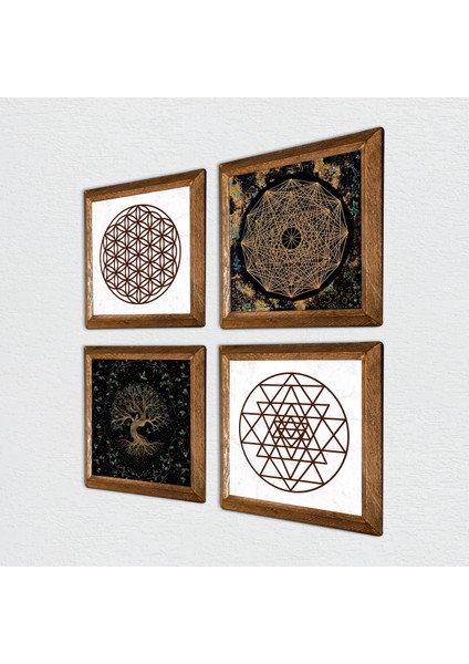 Yaşam Çiçeği, Sri Yantra, Hayat Ağacı Taş Duvar Tablosu Ahşap Çerçeveli Duvar Dekoru 4 Parça Tablo Seti Wall Art W4-735 fiyatları