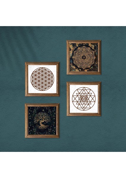 Yaşam Çiçeği, Sri Yantra, Hayat Ağacı Taş Duvar Tablosu Ahşap Çerçeveli Duvar Dekoru 4 Parça Tablo Seti Wall Art W4-735 modelleri