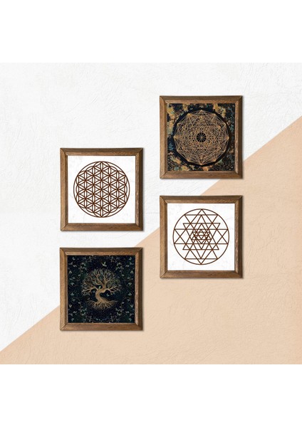 Yaşam Çiçeği, Sri Yantra, Hayat Ağacı Taş Duvar Tablosu Ahşap Çerçeveli Duvar Dekoru 4 Parça Tablo Seti Wall Art W4-735 indirimleri