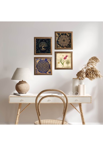 Sri Yantra, Yaşam Çiçeği, Hayat Ağacı, Lale Taş Duvar Tablosu Ahşap Çerçeveli Duvar Dekoru 4 Parça Tablo Seti Wall Art W4-737
